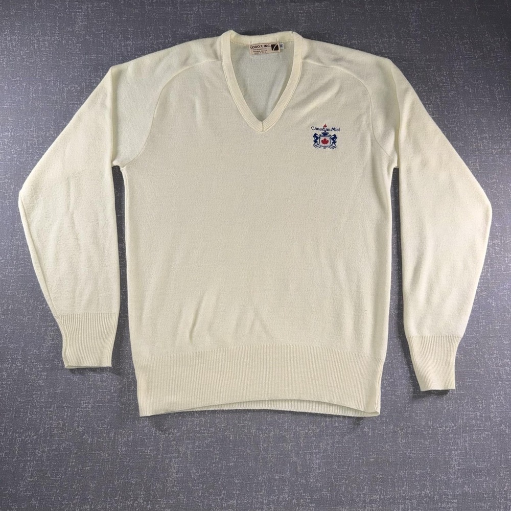 Vintage Logo 7 Sweater Mens Medium White V Neck Canadian Mist Logo Knit USA